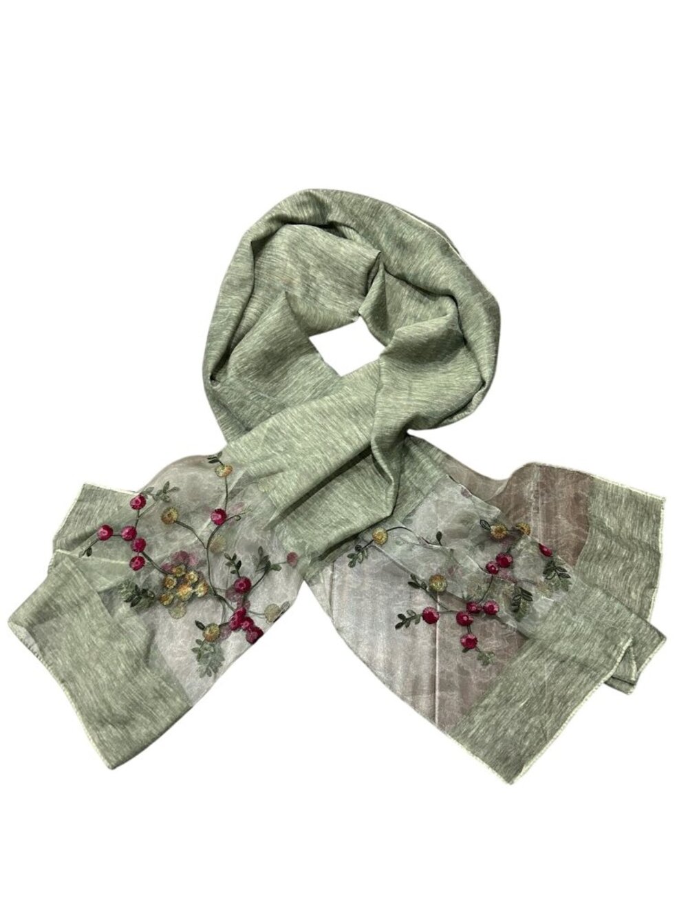 One Size Floral Embroidered Sheer Green Scarf Wrap Gardencore Naturecore